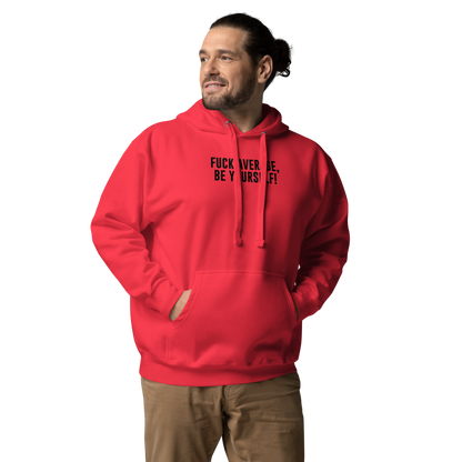 "Fuck Average, Be Yourself!" printed on a team red unisex hoodie worn by a male