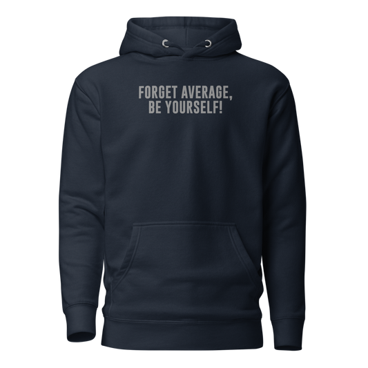 "Forget Average, Be Yourself!" printed on a navy blazer on an invisible / simulated body