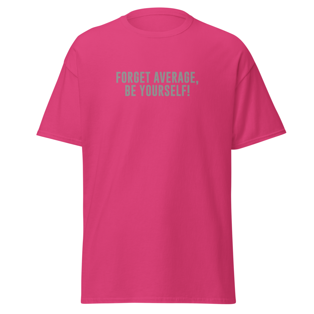 "Forget Average, Be Yourself!" printed on a heliconia on an invisible body