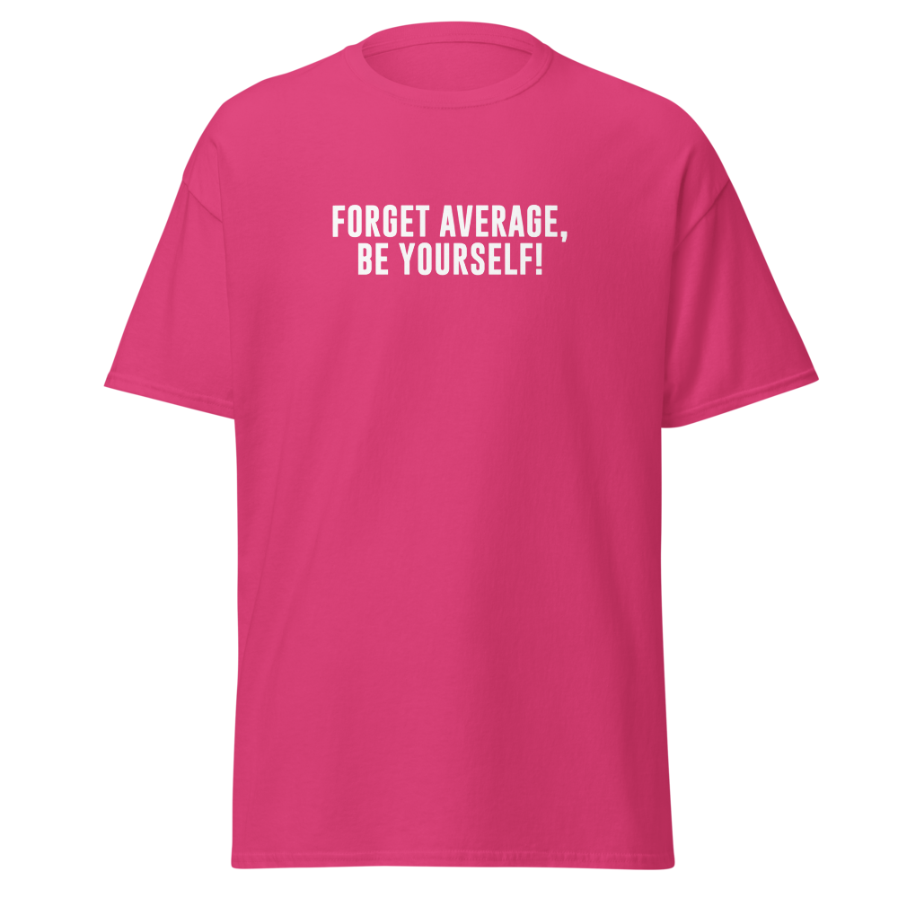 "Forget Average, Be Yourself!" printed on a heliconia on an invisible body