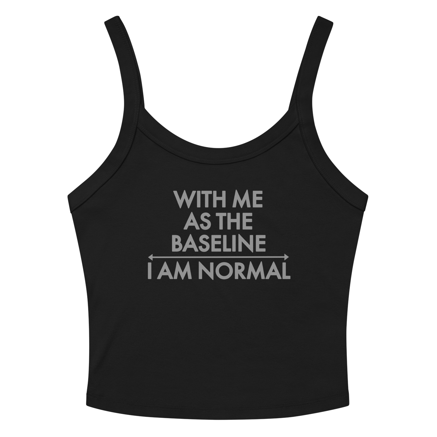 "With me as the baseline, I am normal" printed on a solid black blend women's micro-rib tanktop laying on a flat surface amongst sunglasses and shorts