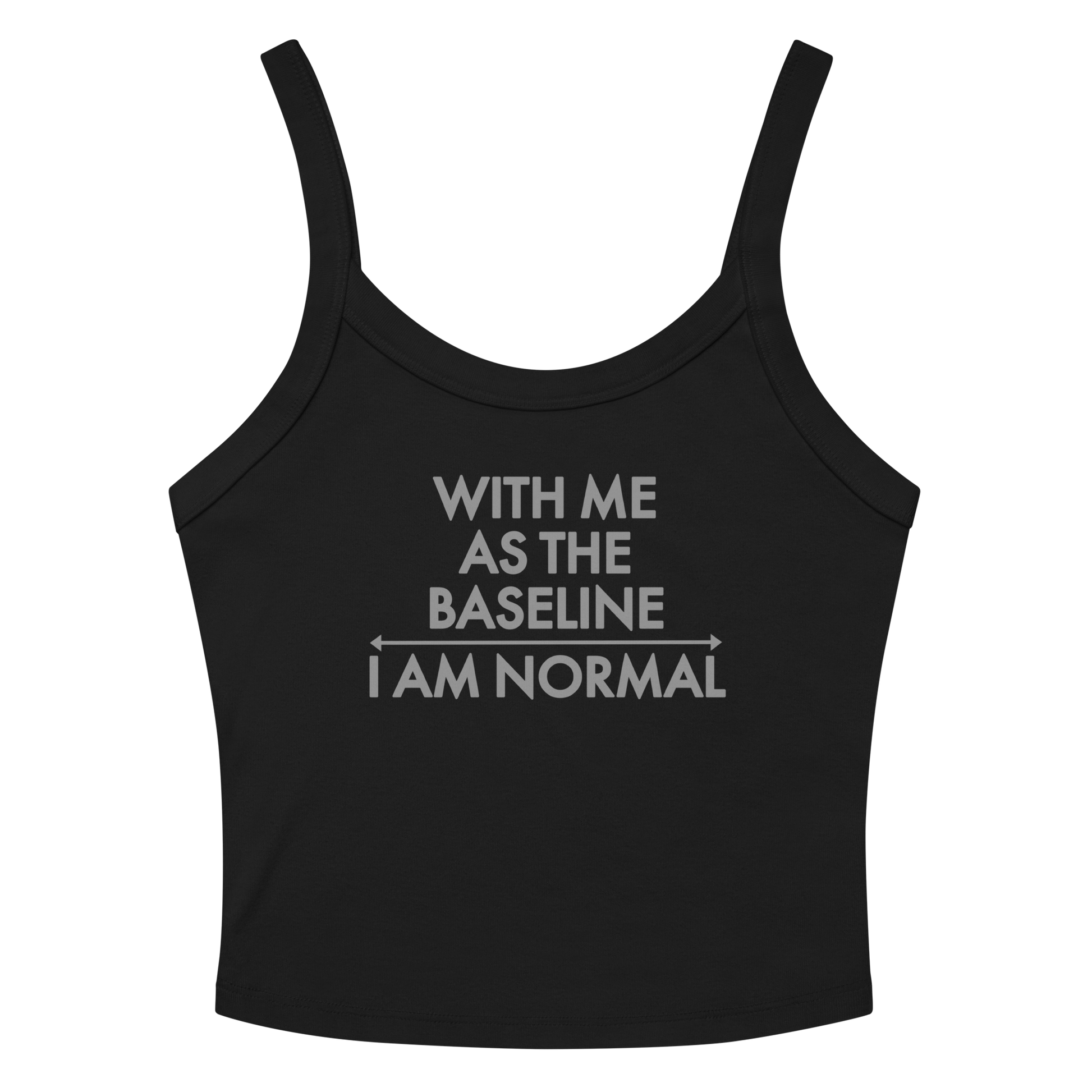"With me as the baseline, I am normal" printed on a solid black blend women's micro-rib tanktop laying on a flat surface amongst sunglasses and shorts