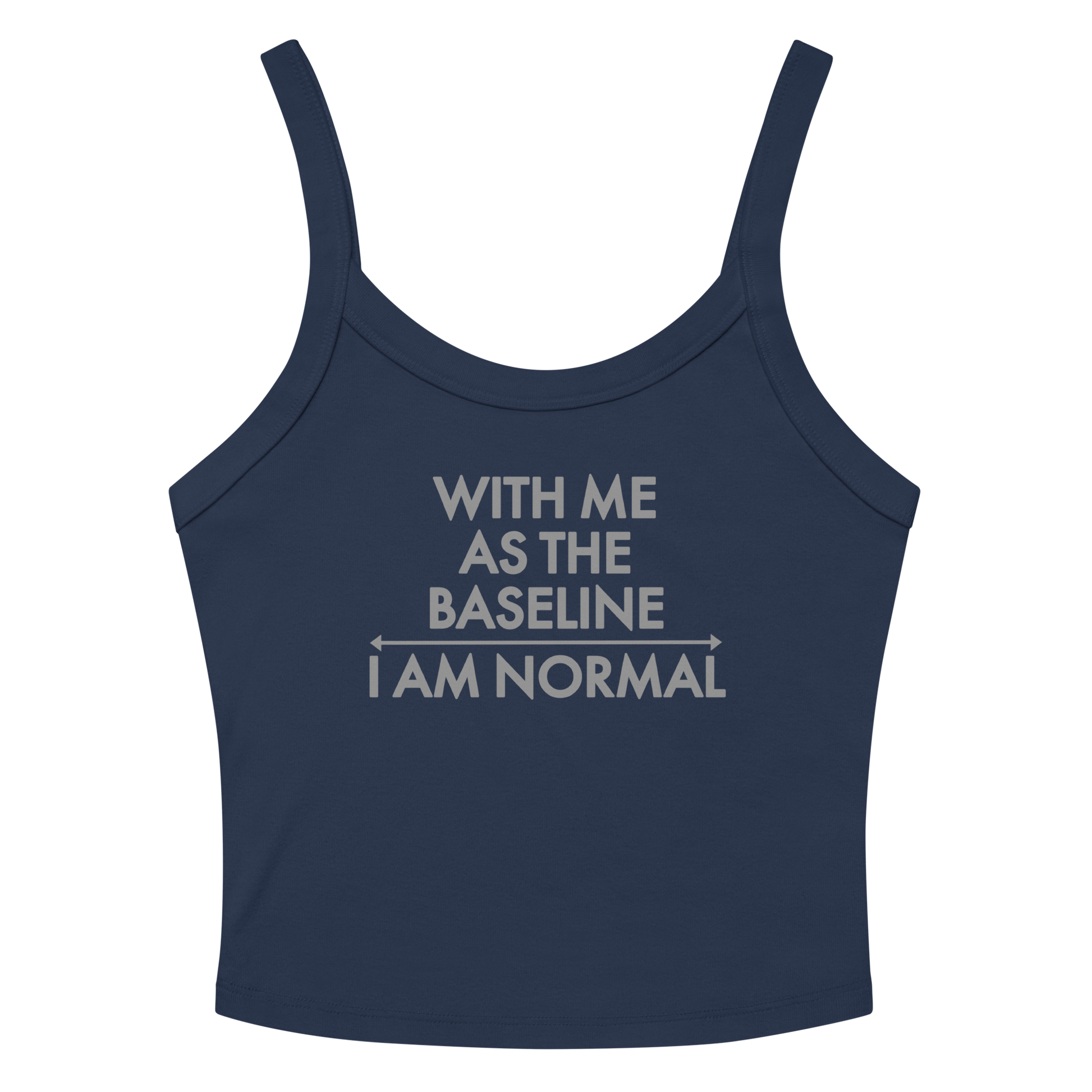 "With me as the baseline, I am normal" printed on a solid navy blend women's micro-rib tanktop laying on a flat surface amongst sunglasses and shorts