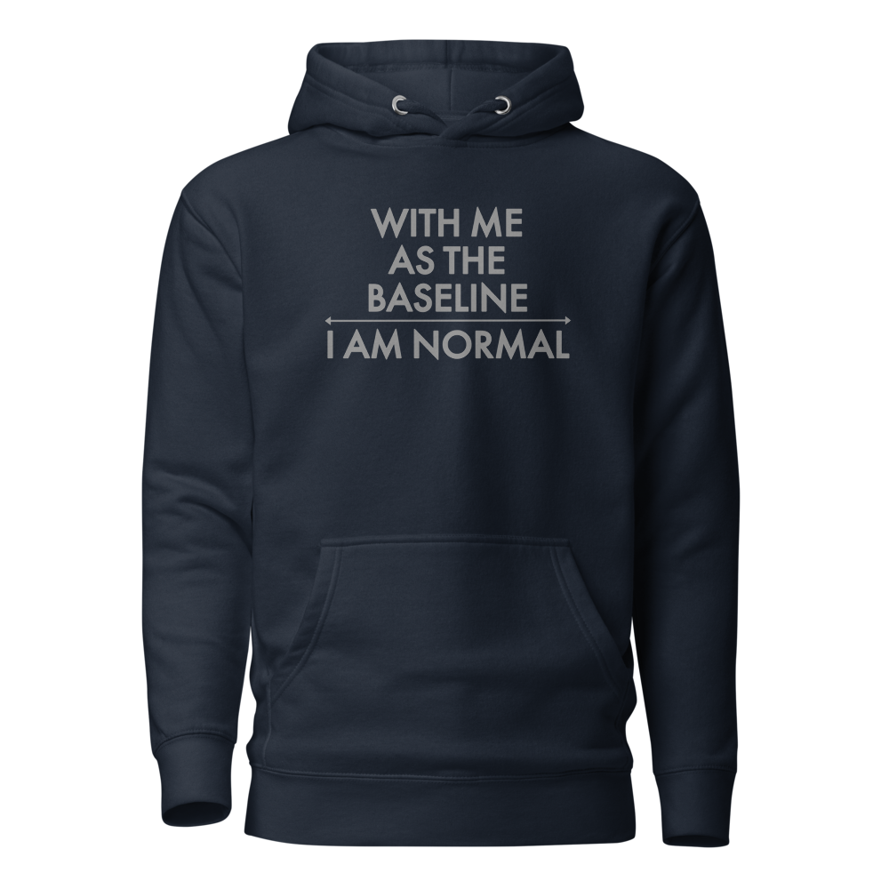"With me as the baseline, I am normal" printed on a navy blazer on an invisible / simulated body