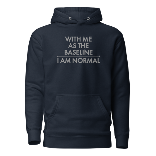 "With me as the baseline, I am normal" printed on a navy blazer on an invisible / simulated body