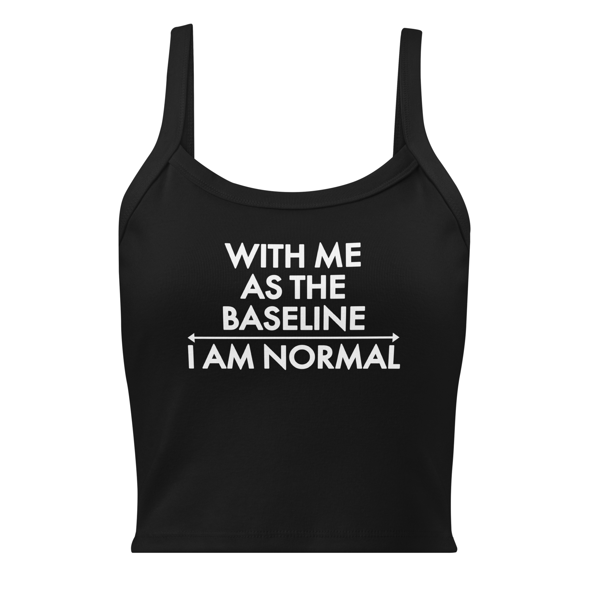 "With me as the baseline, I am normal" printed on a solid black blend women's micro-rib tanktop laying on a flat surface