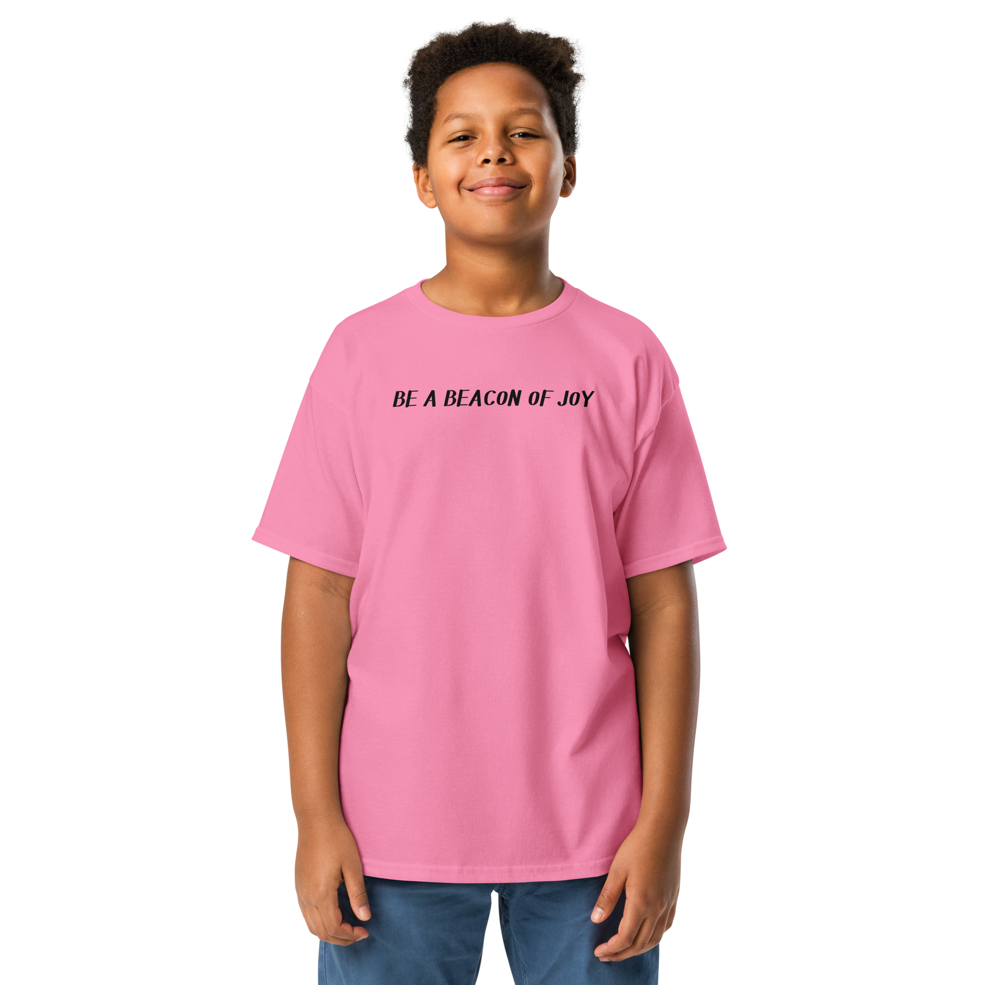 "Be a beacon of joy" printed on a azalea youth classic tee worn by a male