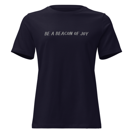 "Be a beacon of joy" printed on a navy on an invisible / simulated body