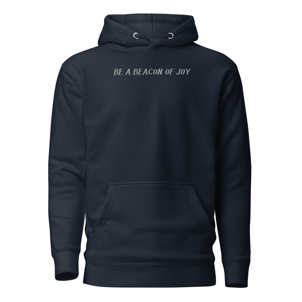 "Be a beacon of joy" printed on a navy blazer on an invisible / simulated body