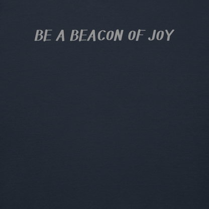 "Be a beacon of joy" printed on a navy blazer background
