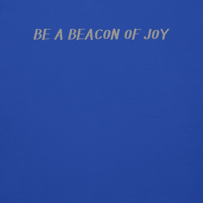 "Be a beacon of joy" printed on a team royal background