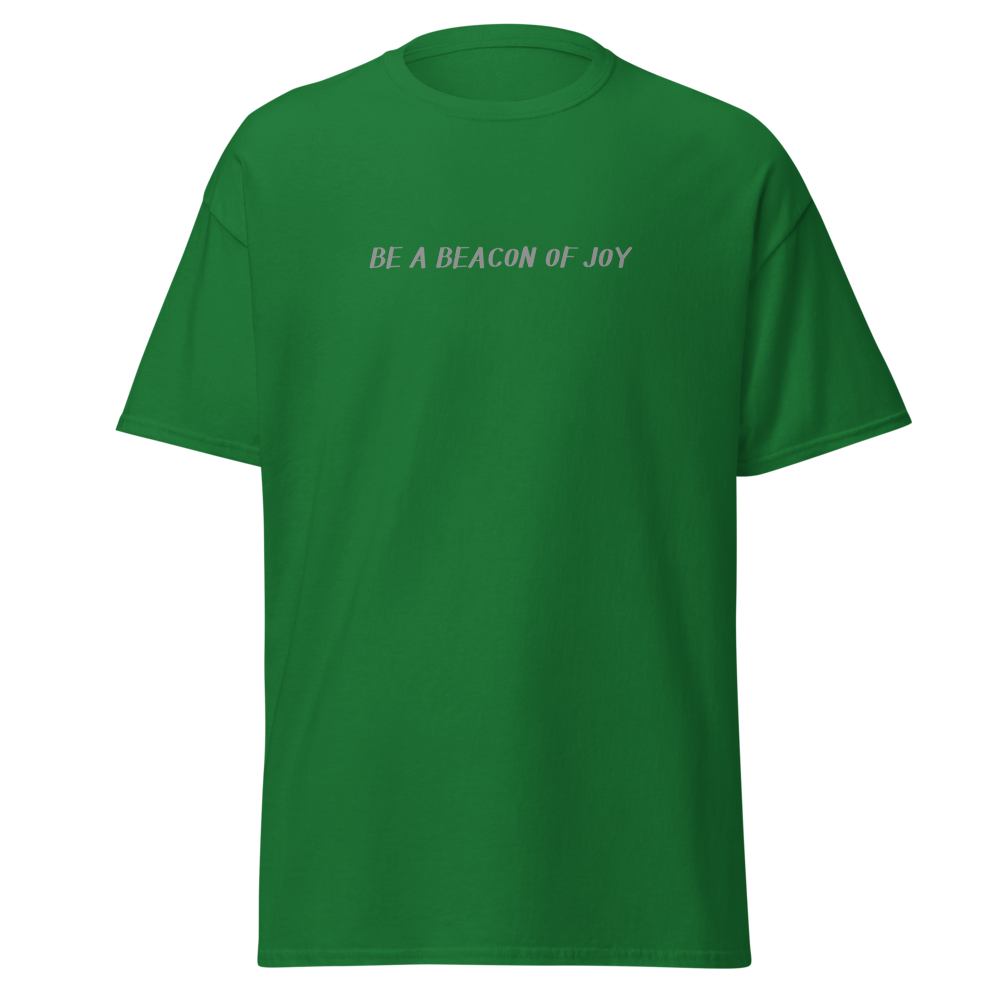 "Be a beacon of joy" printed on a turf green on an invisible body