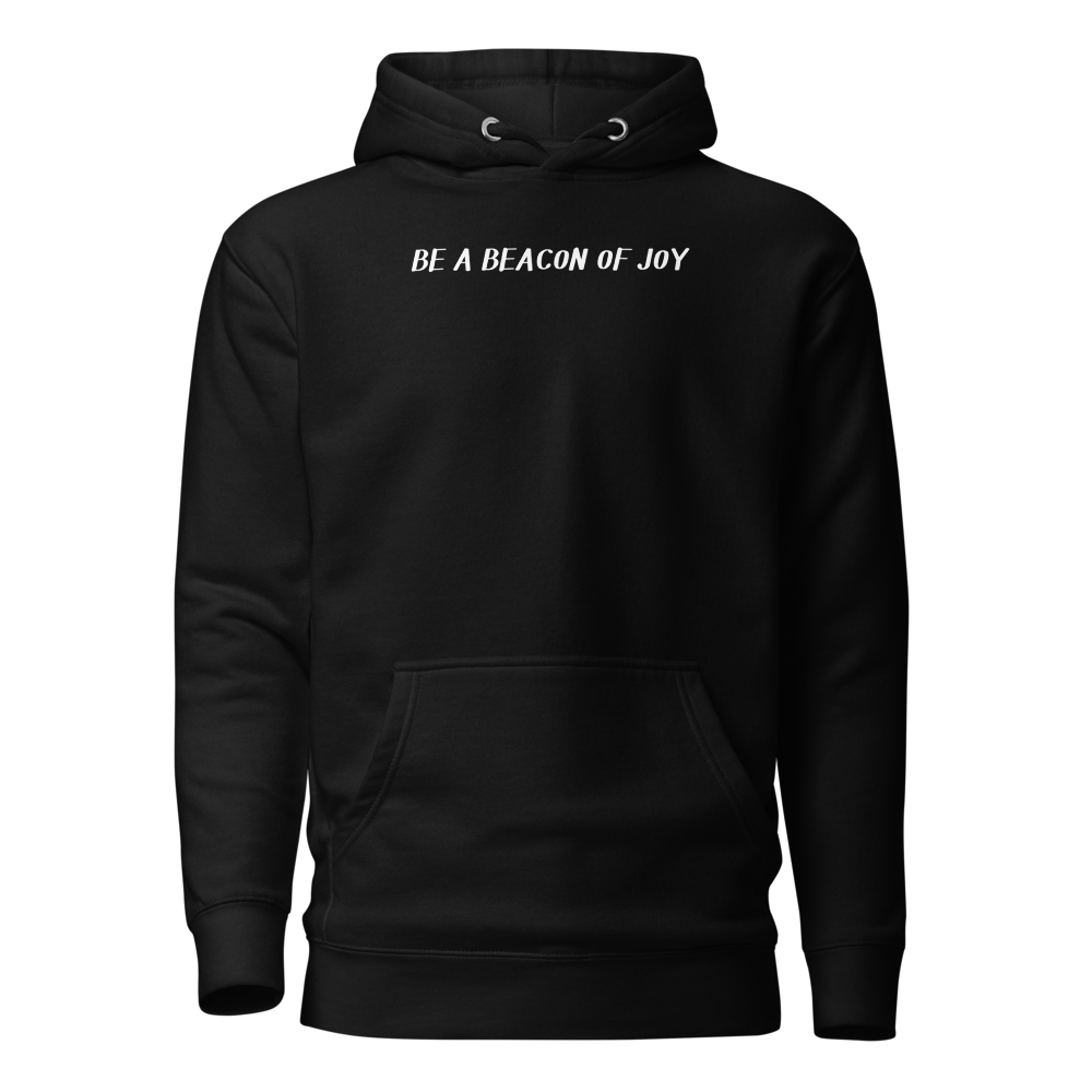 "Be a beacon of joy" printed on a black on an invisible / simulated body