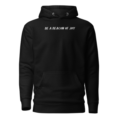 "Be a beacon of joy" printed on a black on an invisible / simulated body