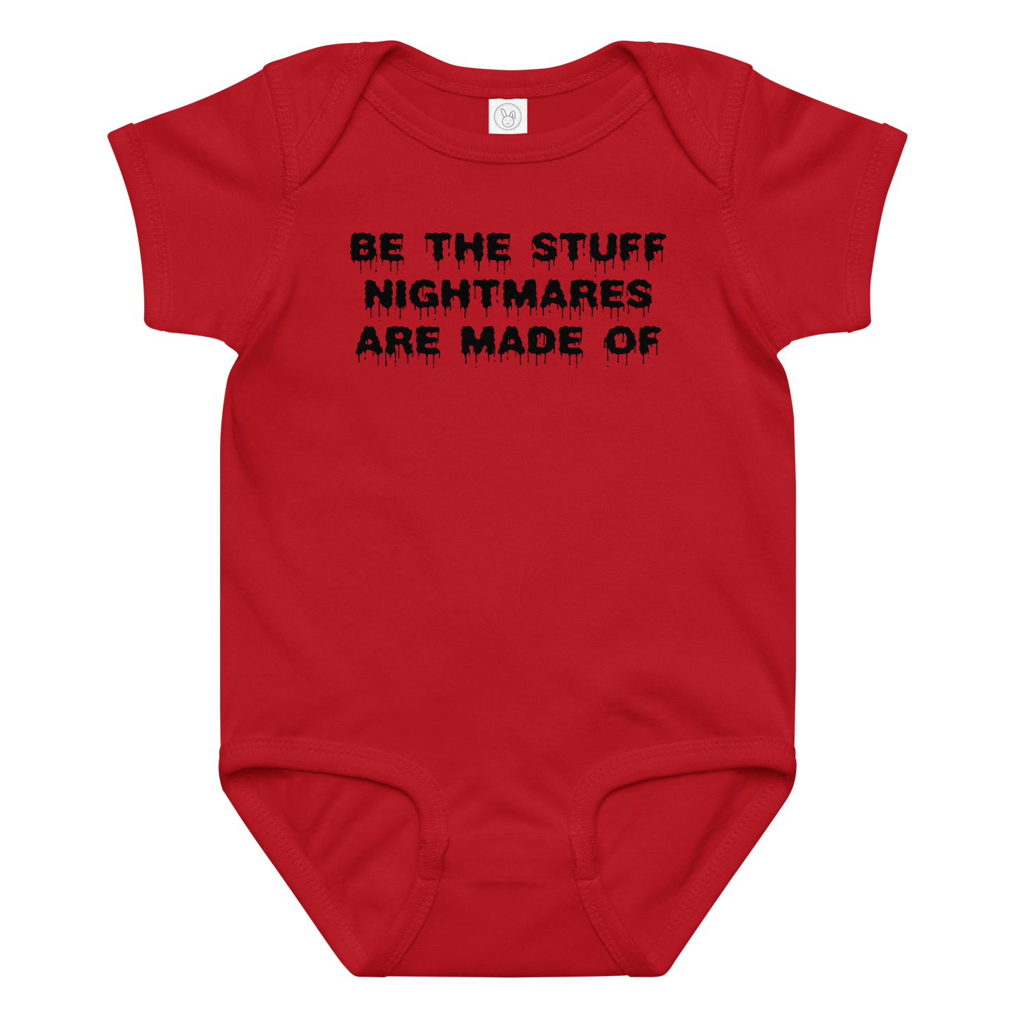 "Be the stuff nightmares are made of" printed on a red baby jersey bodysuit laying on a flat surface amongst other clothes