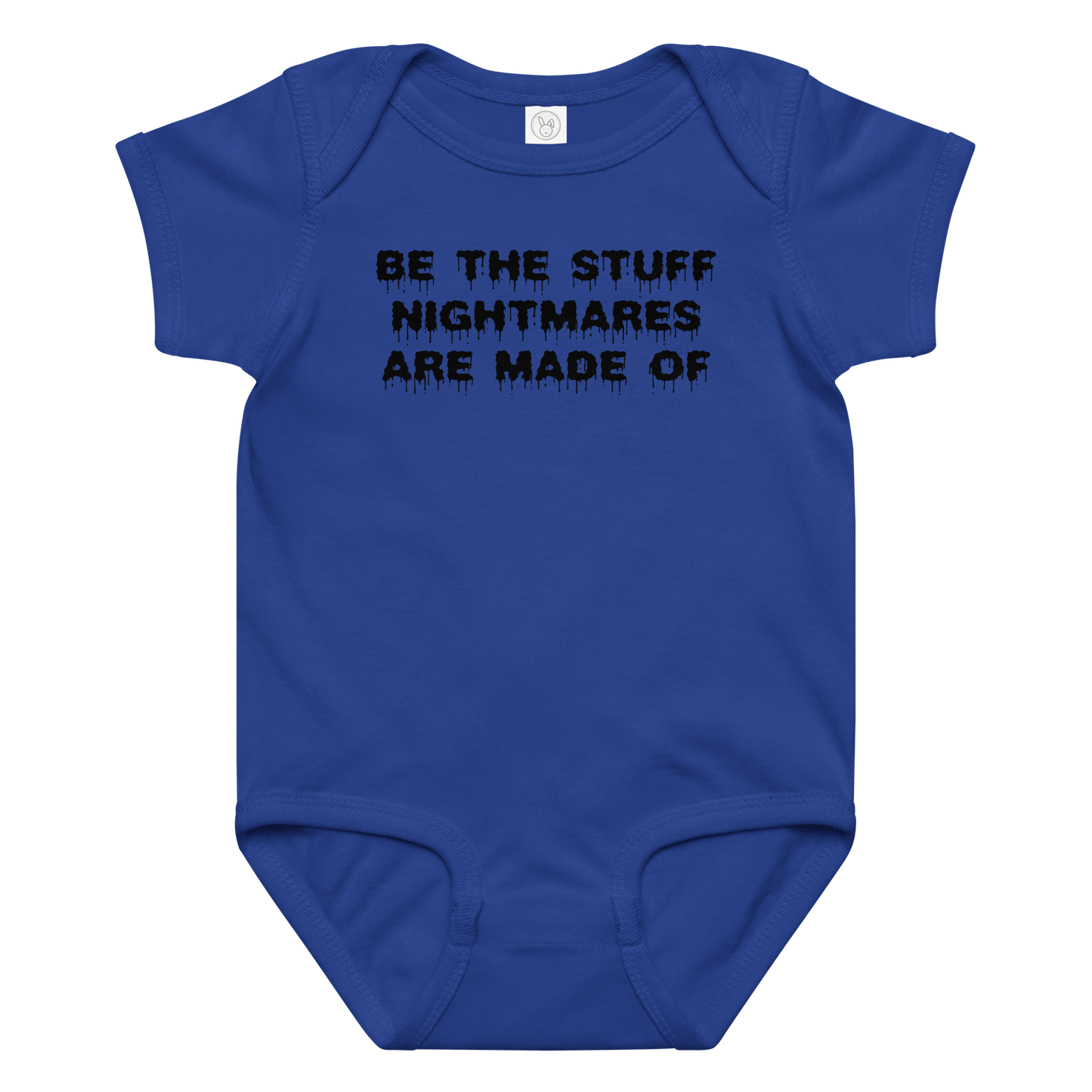 "Be the stuff nightmares are made of" printed on a royal baby jersey bodysuit laying on a flat surface amongst other clothes