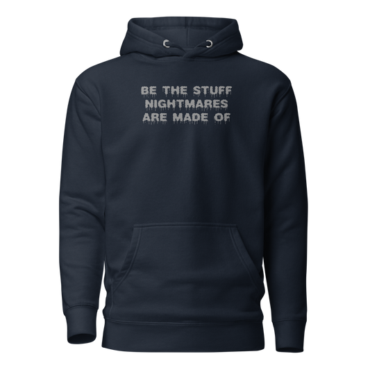 "Be the stuff nightmares are made of" printed on a navy blazer on an invisible / simulated body