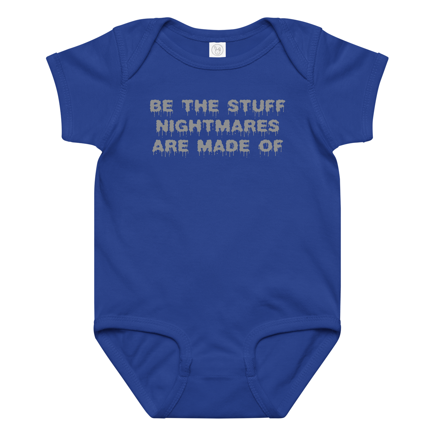 "Be the stuff nightmares are made of" printed on a royal baby jersey bodysuit laying on a flat surface amongst other clothes