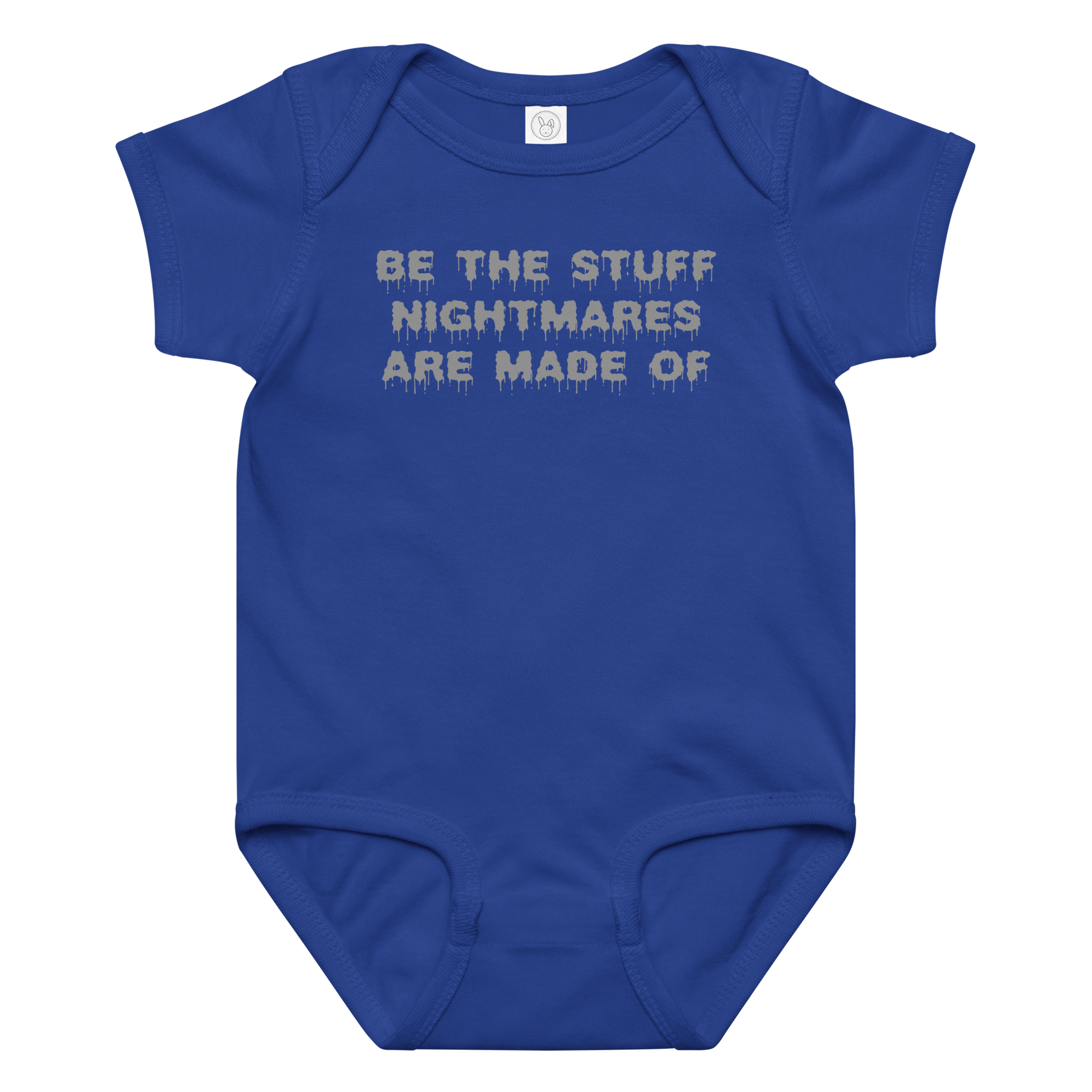 "Be the stuff nightmares are made of" printed on a royal baby jersey bodysuit laying on a flat surface amongst other clothes