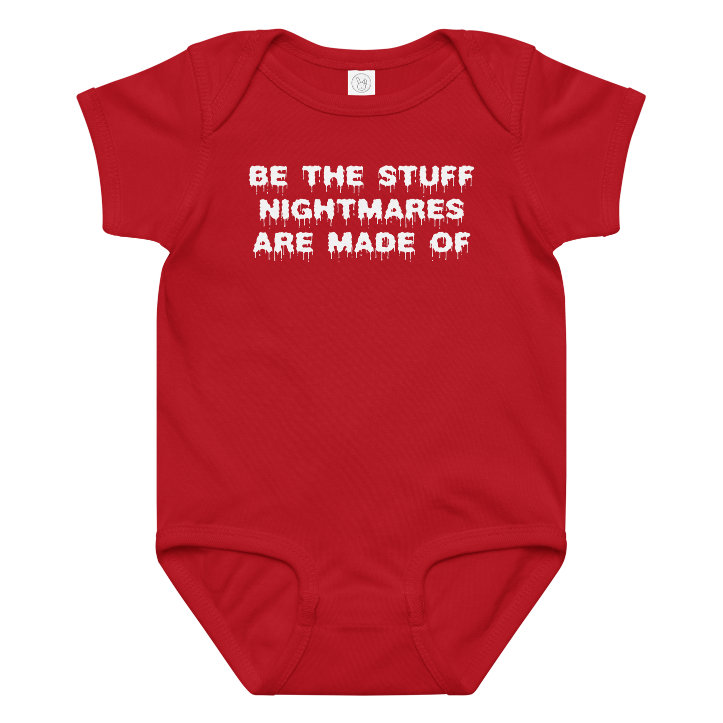 "Be the stuff nightmares are made of" printed on a red baby jersey bodysuit laying on a flat surface amongst other clothes