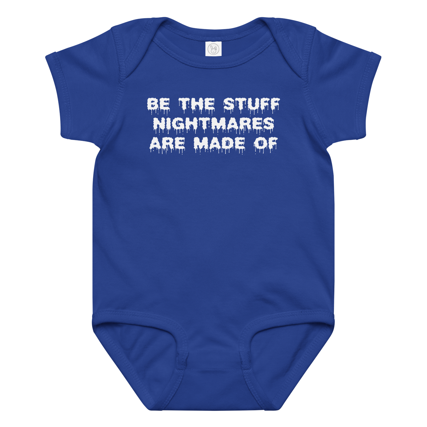 "Be the stuff nightmares are made of" printed on a royal baby jersey bodysuit laying on a flat surface amongst other clothes