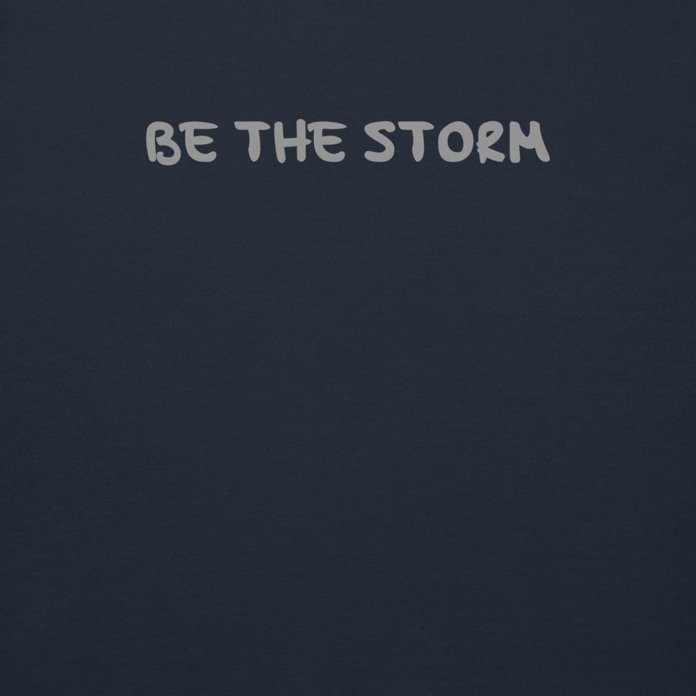 "Be the storm" printed on a navy blazer background
