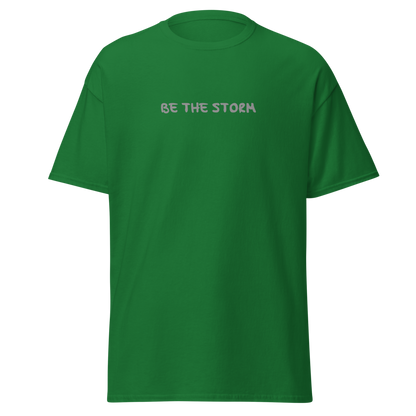 "Be the storm" printed on a turf green on an invisible body