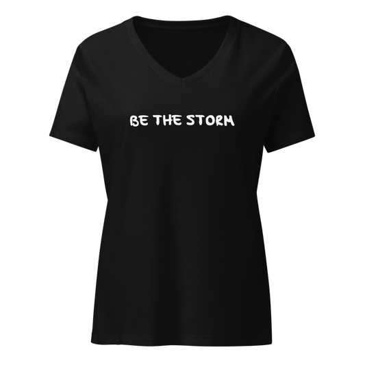 "Be the storm" printed on a solid black blend on an invisible / simulated body