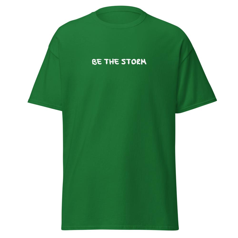 "Be the storm" printed on a turf green on an invisible body