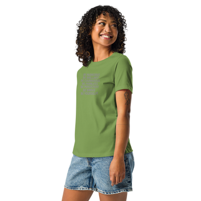 "Be Audacious Be Brilliant Be Courageous Be Fearless Be Persistent Be Brave Be Yourself!" printed on a leaf women's relaxed t-shirt worn by a female