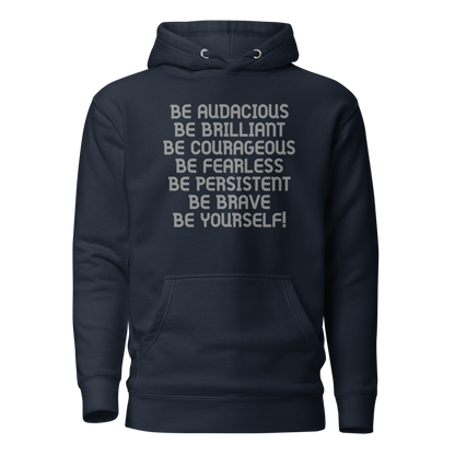 "Be Audacious Be Brilliant Be Courageous Be Fearless Be Persistent Be Brave Be Yourself!" printed on a navy blazer on an invisible / simulated body