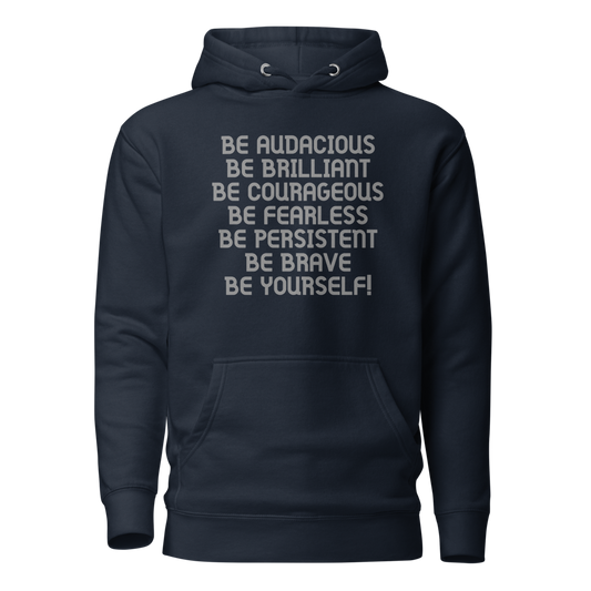 "Be Audacious Be Brilliant Be Courageous Be Fearless Be Persistent Be Brave Be Yourself!" printed on a navy blazer on an invisible / simulated body