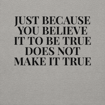 "Just because you believe it to be true does not make it true" printed on a carbon grey background