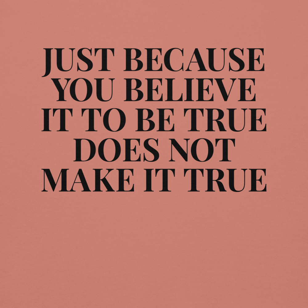 "Just because you believe it to be true does not make it true" printed on a dusty rose background