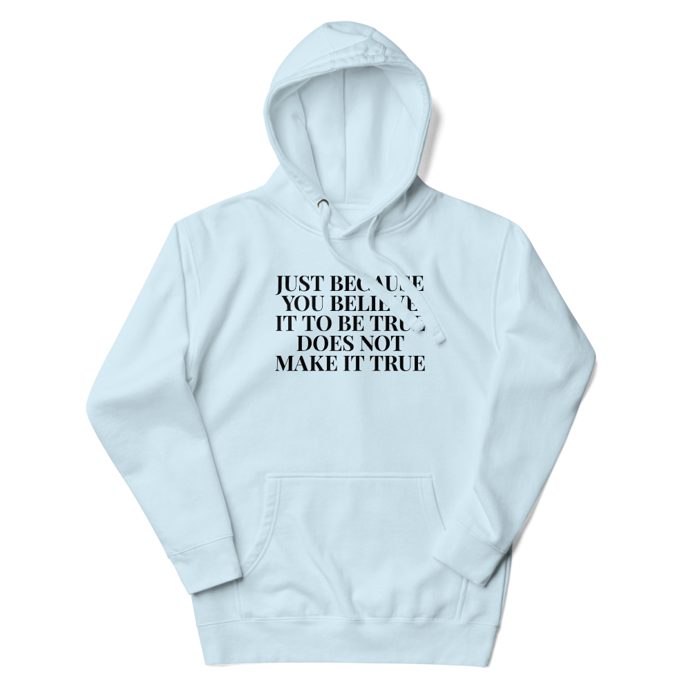 "Just because you believe it to be true does not make it true" printed on a sky blue unisex hoodie laying on a flat surface with the hood up