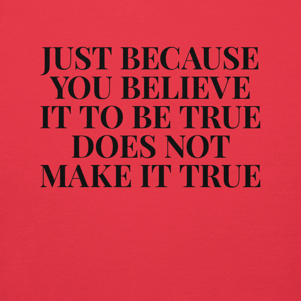 "Just because you believe it to be true does not make it true" printed on a team red background