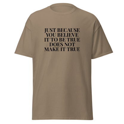"Just because you believe it to be true does not make it true" printed on a brown savana on an invisible body
