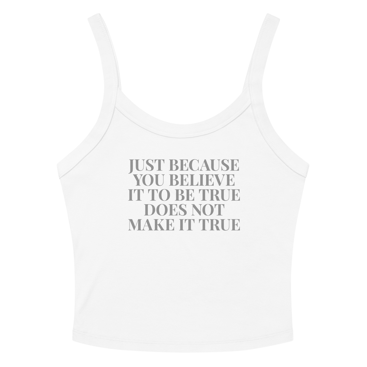 "Just because you believe it to be true does not make it true" printed on a solid white blend tbd