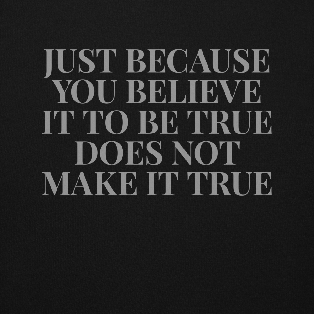 "Just because you believe it to be true does not make it true" printed on a black background