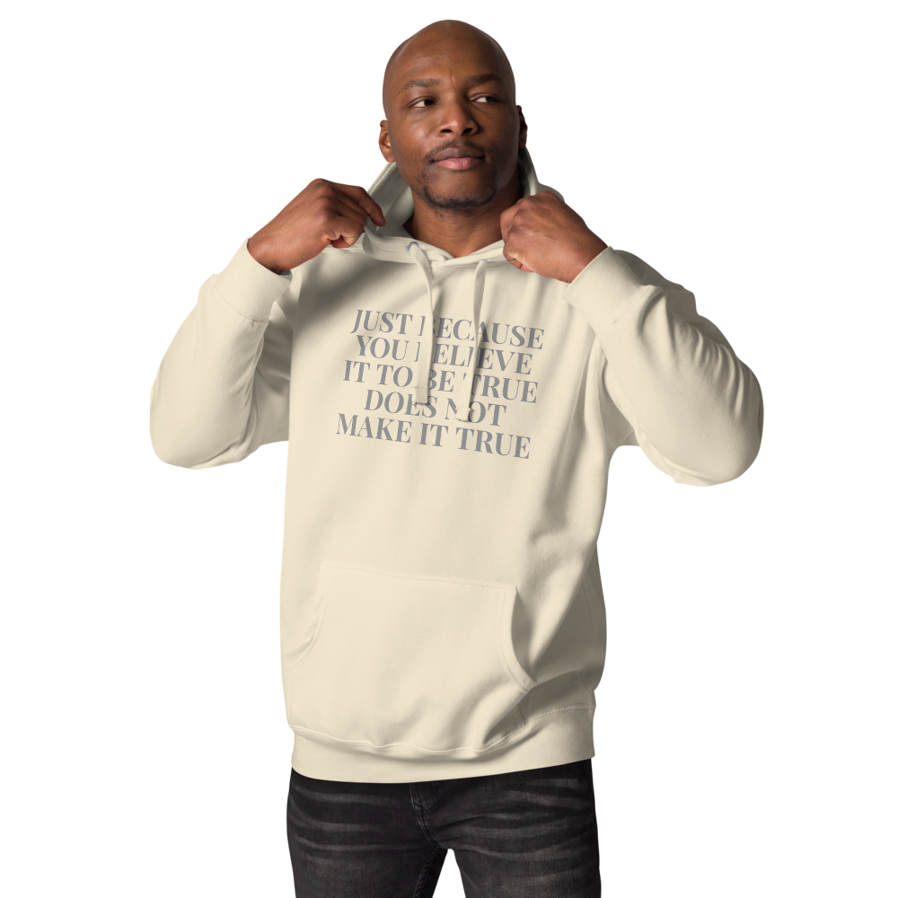 "Just because you believe it to be true does not make it true" printed on a bone unisex hoodie worn by a male