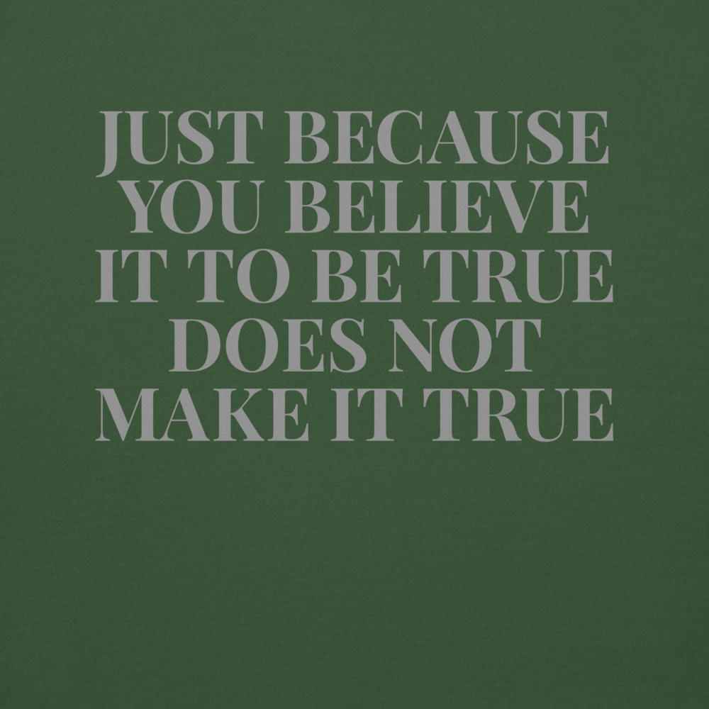 "Just because you believe it to be true does not make it true" printed on a forest green background