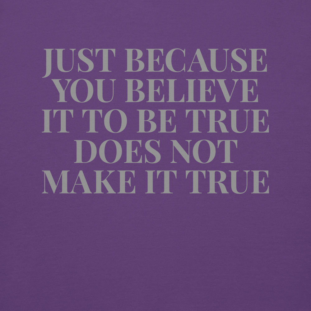 "Just because you believe it to be true does not make it true" printed on a purple background