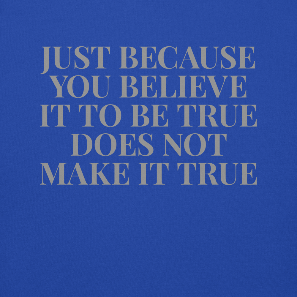 "Just because you believe it to be true does not make it true" printed on a team royal background