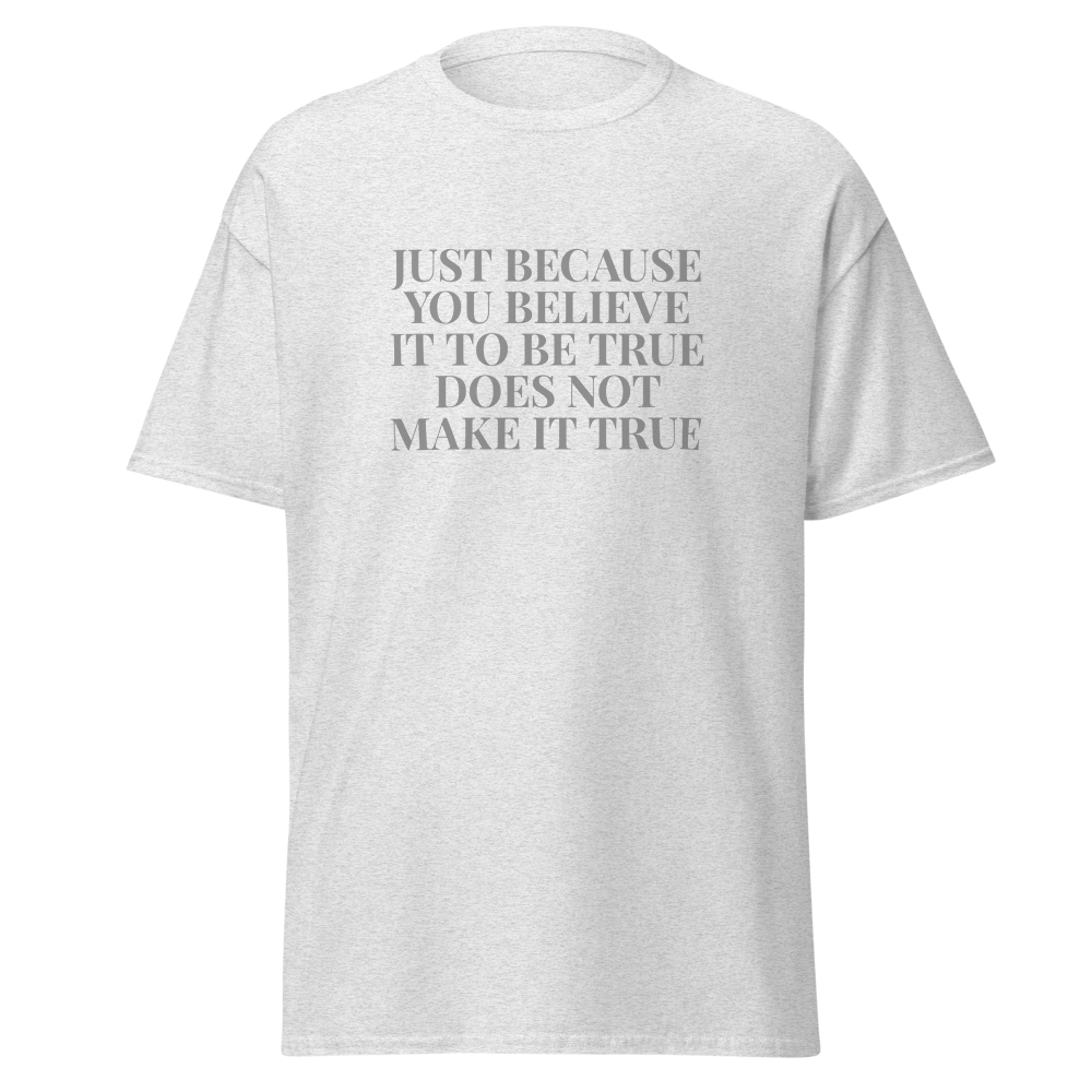 "Just because you believe it to be true does not make it true" printed on a ash on an invisible body