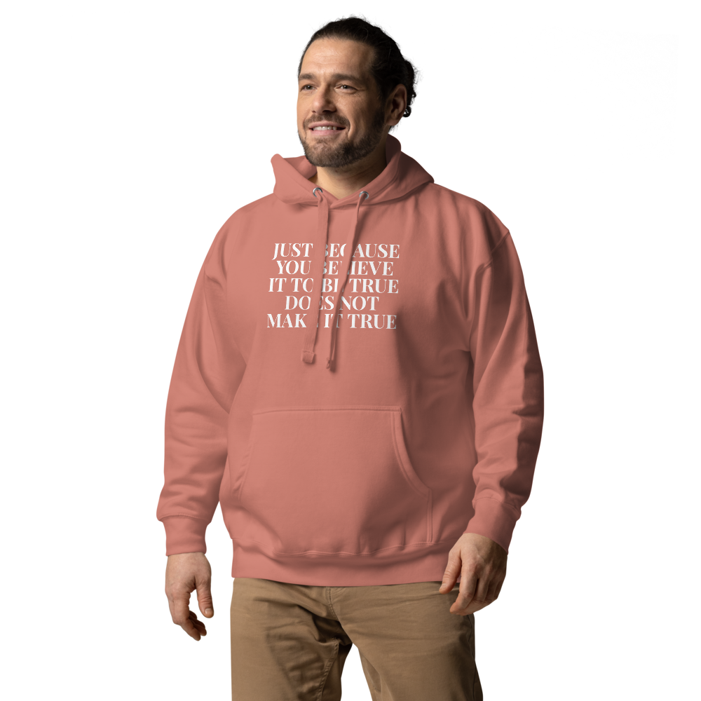 "Just because you believe it to be true does not make it true" printed on a dusty rose unisex hoodie worn by a male