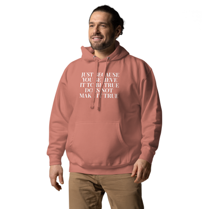 "Just because you believe it to be true does not make it true" printed on a dusty rose unisex hoodie worn by a male