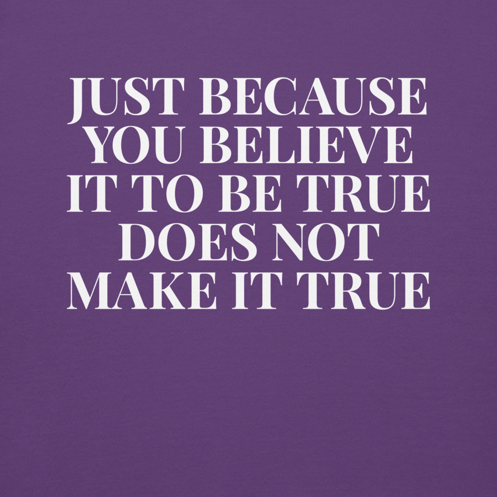 "Just because you believe it to be true does not make it true" printed on a purple background