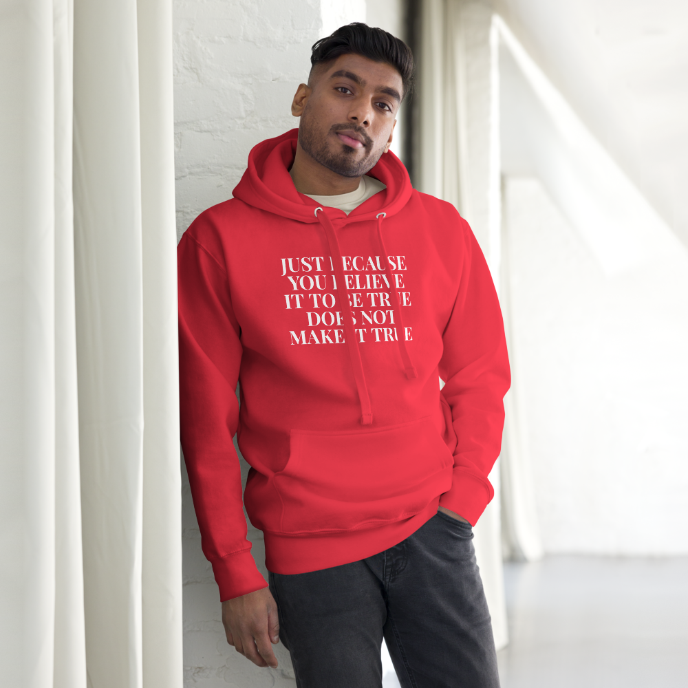 "Just because you believe it to be true does not make it true" printed on a team red unisex hoodie worn by a male