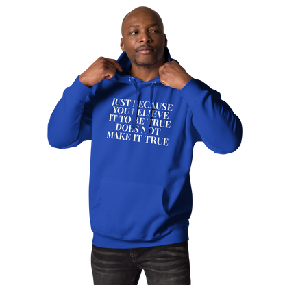 "Just because you believe it to be true does not make it true" printed on a team royal unisex hoodie worn by a male