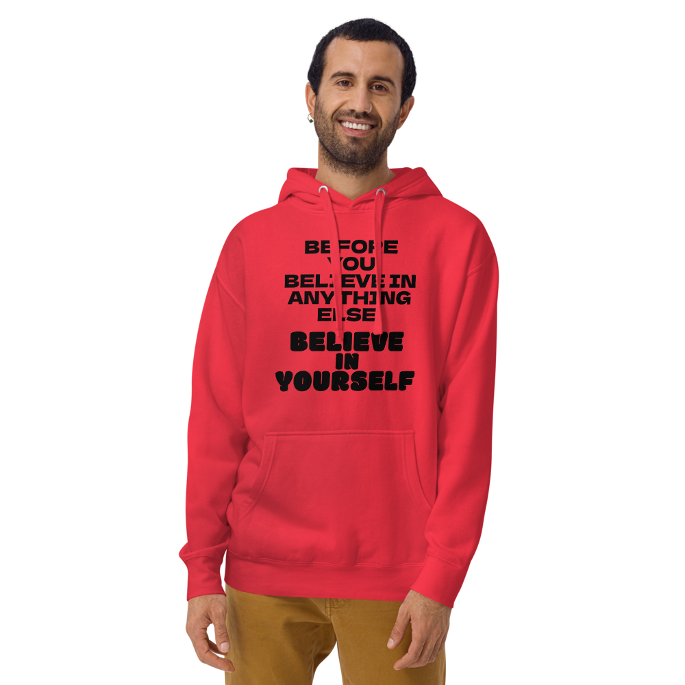 "Before you believe in anything else, believe in yourself" printed on a team red warn by a male